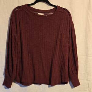 Maurices Maroon Long Sleeve Lace Cut Out Shoulder Shirt Ribbed